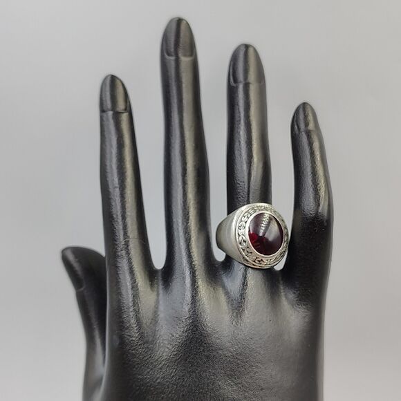 Vintage 1940s Sterling Silver 925 Lab Ruby Cabochon Signed Ring Sz 7 Unisex - Picture 5 of 16
